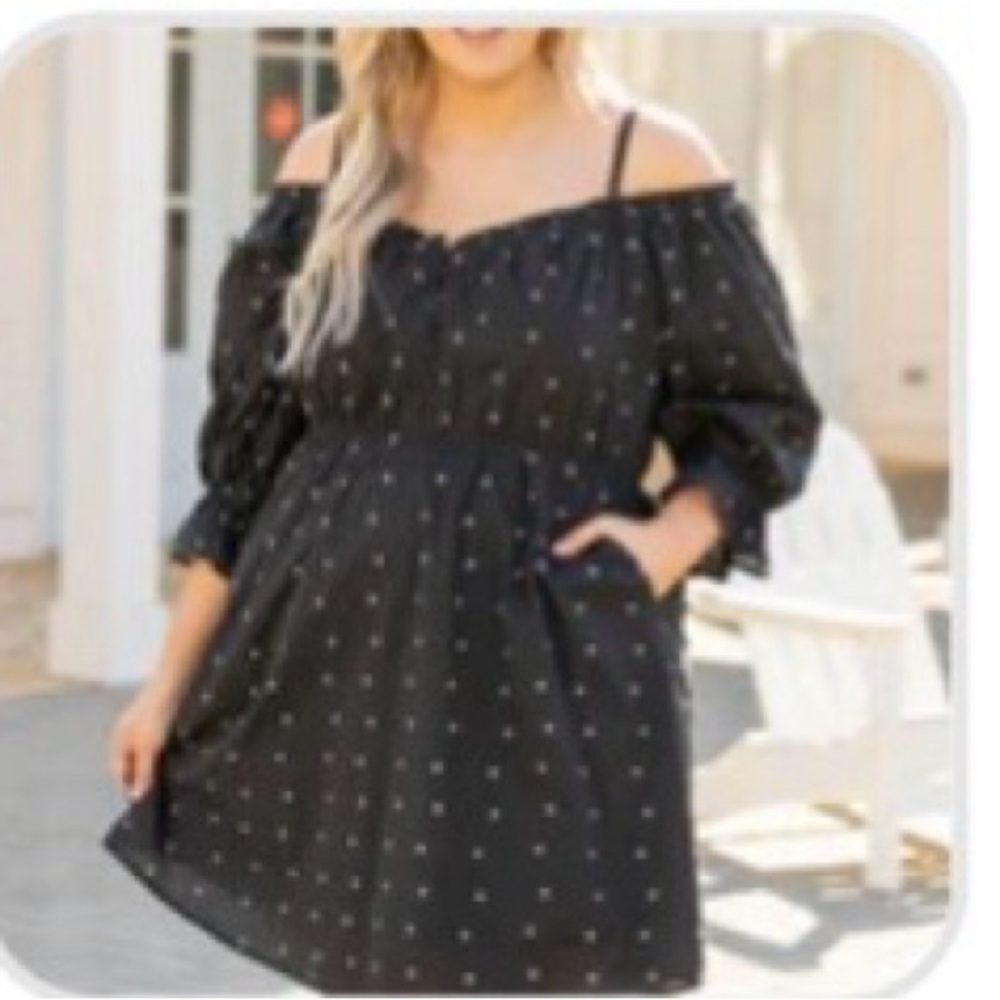 White Birch Black Swiss Dot Puff Sleeve Dress | 2X | Pockets
